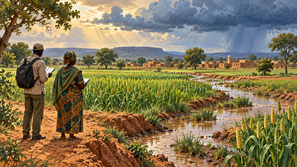 Illustration : suivi des cultures et des eaux de pluie dans un paysage sahélien