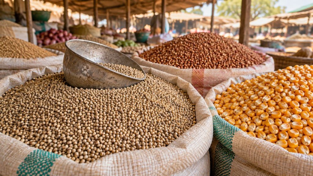 Sacs de céréales sur un étal de marché