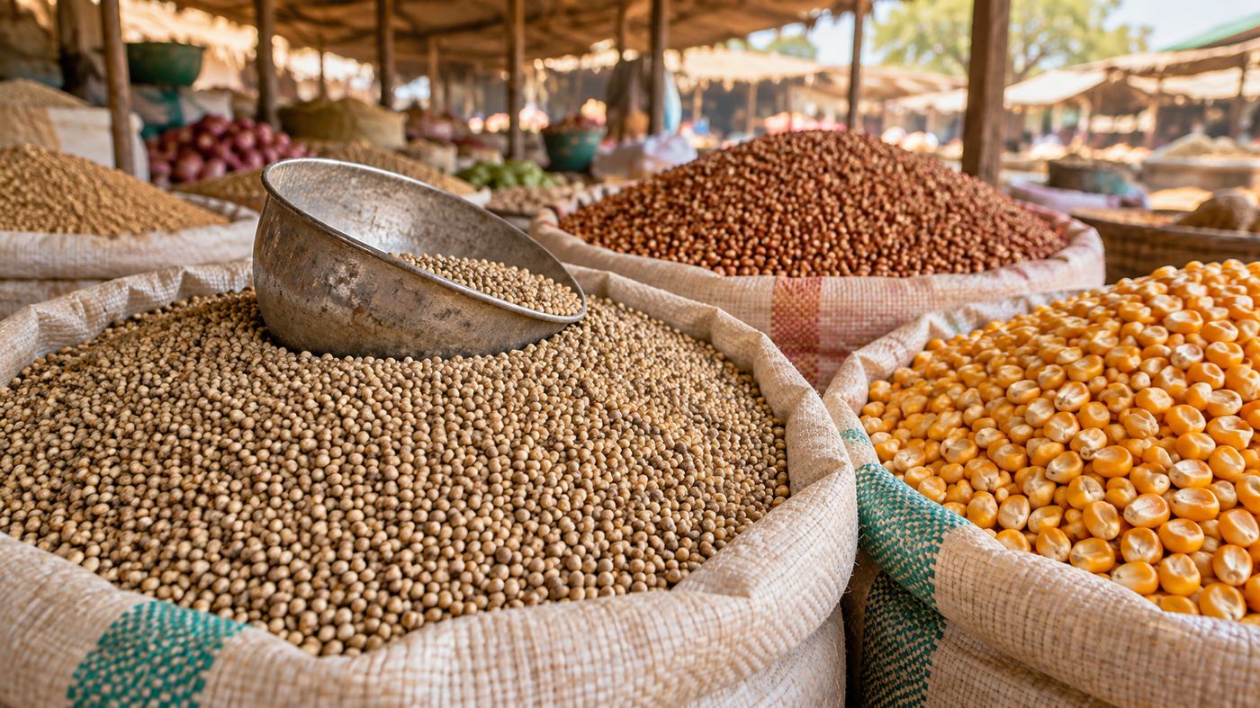 Sacs de céréales sur un étal de marché